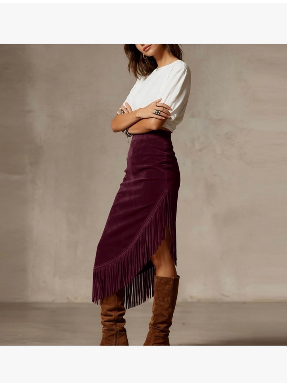 High-Rise Asymmetrical Fringe Midi Skirt in Deep Plum